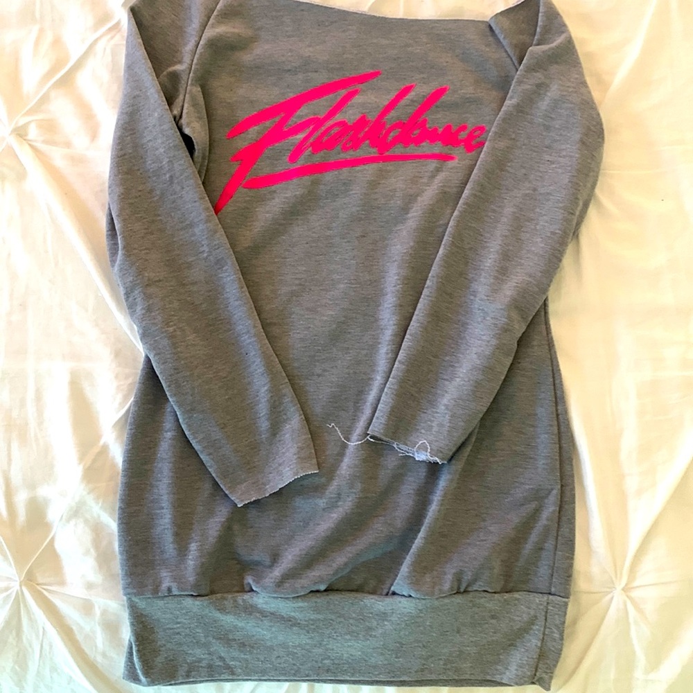 Flashdance off the shoulder gray sweatshirt.